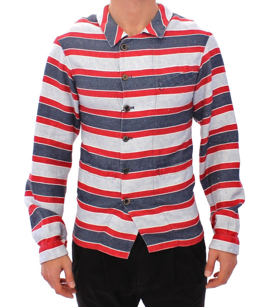Chic Blue and Red Striped Linen Shirt