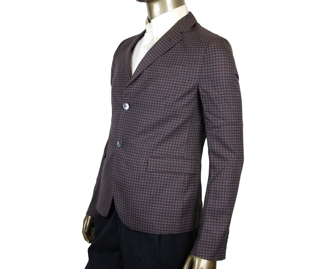 Gucci Men's 2 Buttons Grey / Burgundy Vichy Wool Gauze Jacket