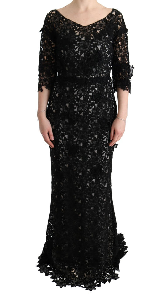 Elegant Black Maxi Shift Dress with Floral Applique
