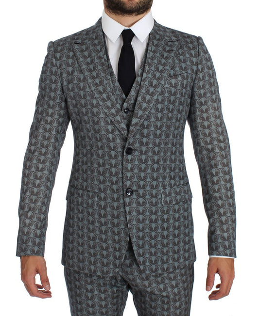 Elegant Blue Owl Print Wool 3-Piece Slim Fit Suit