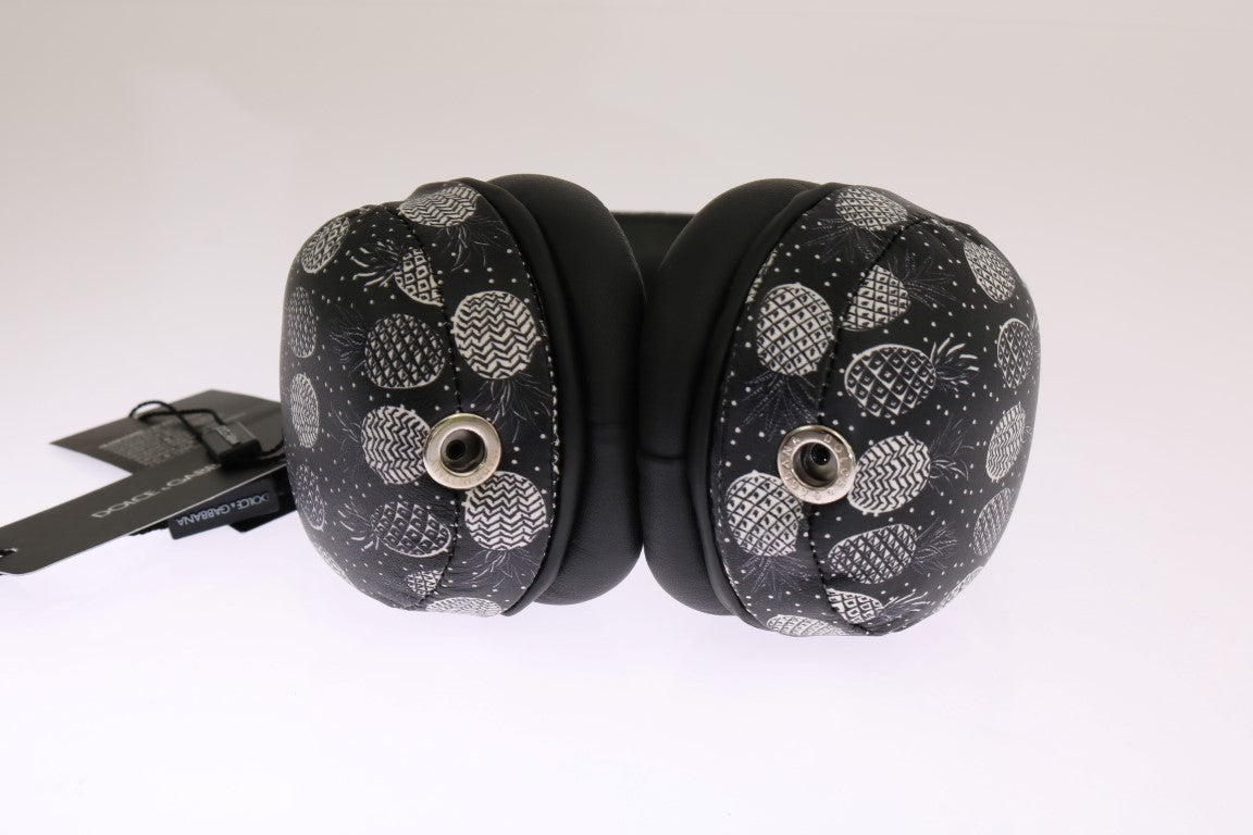 Black Pineapple Print Leather Headphones