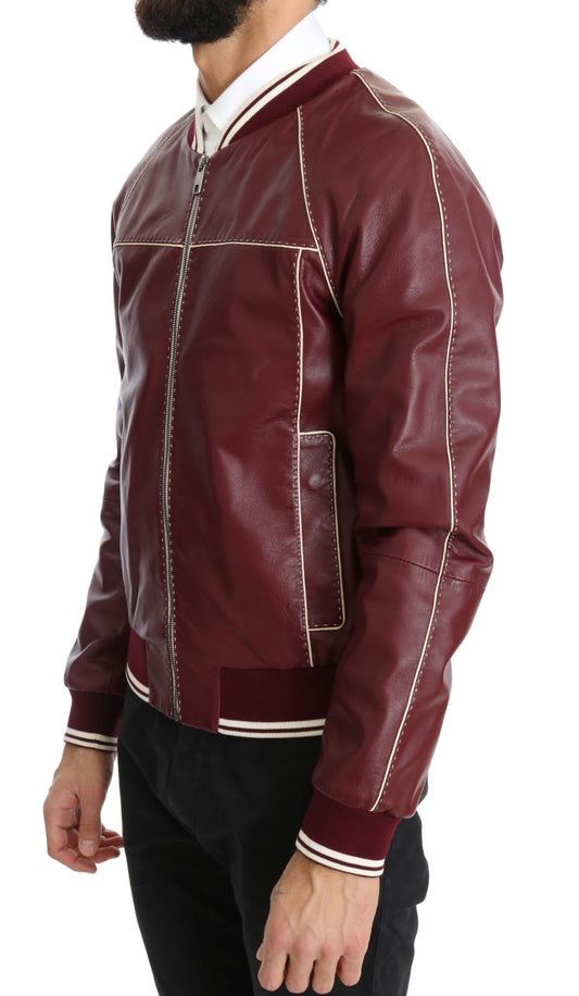 Elegant Bordeaux Leather Bomber Jacket