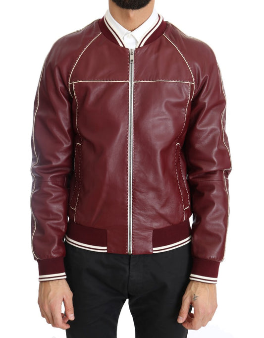 Elegant Bordeaux Leather Bomber Jacket