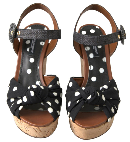 Black  Wedges Polka Dotted Ankle Strap Shoes Sandals