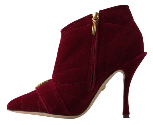 Burgundy Cotton Blend Velvet Ankle Boots Heel Shoes