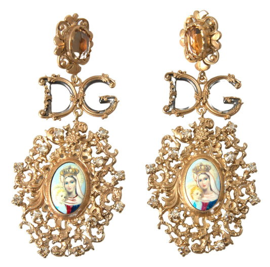 Gold Tone Brass Crystal Mama Mary Drop Dangling Earring