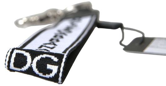 Black Nylon Logo Print Silver Tone Brass Keychain