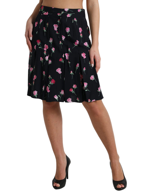 Black Rose High Waist A-line Knee Length Skirt