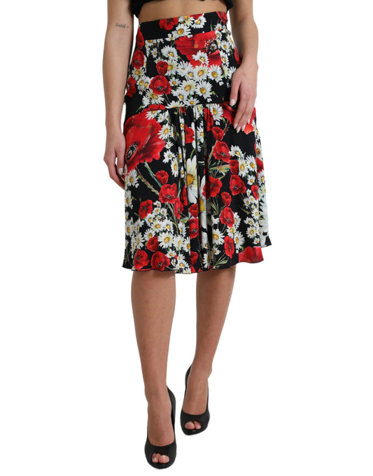 Black Floral Print High Waist Aline Midi Skirt