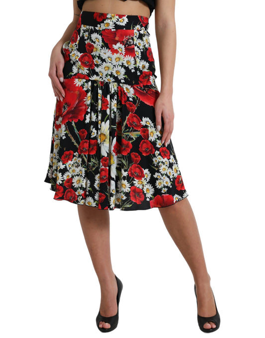 Black Floral Print High Waist Aline Midi Skirt