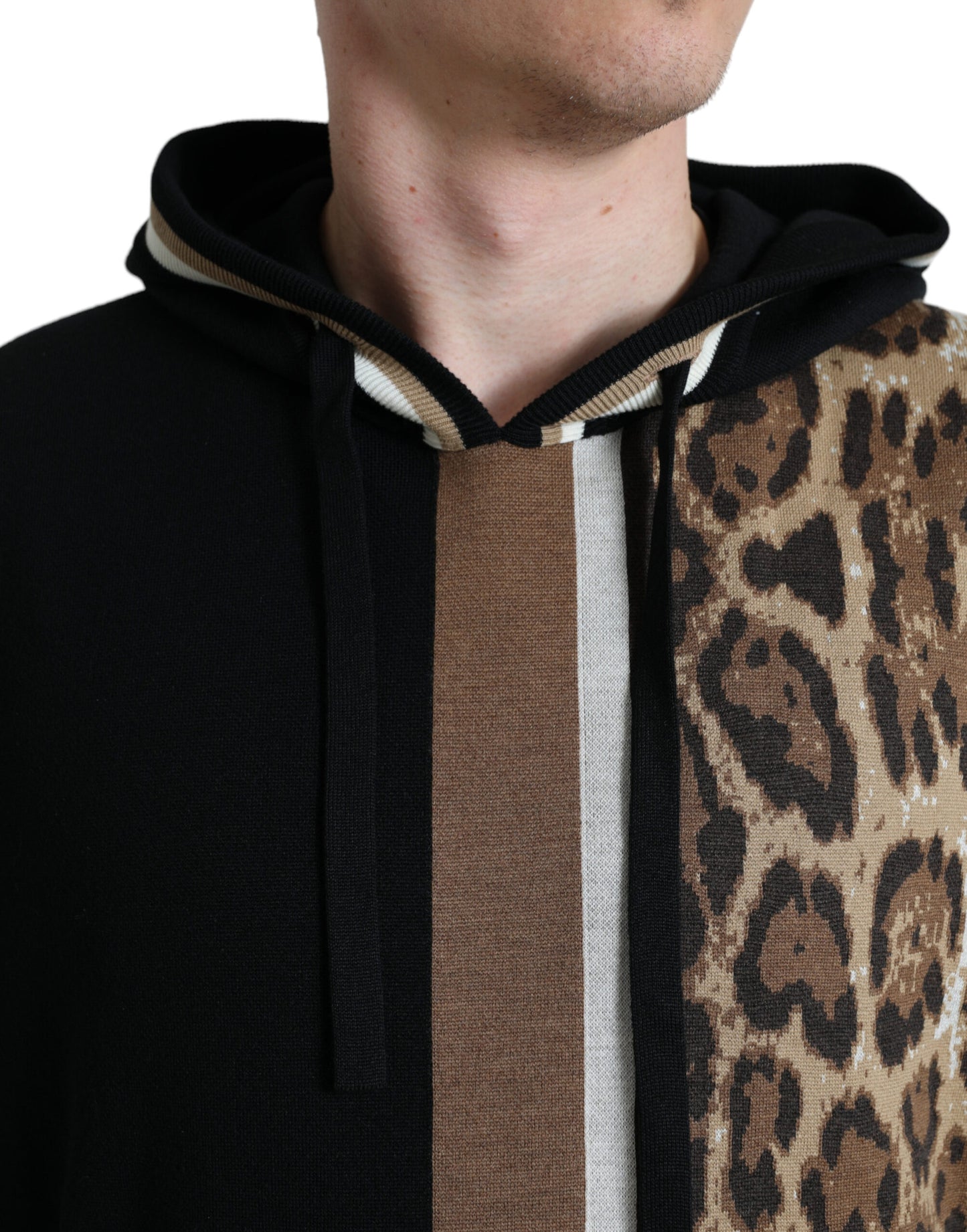 Elegant Leopard Print Wool Hooded Sweater