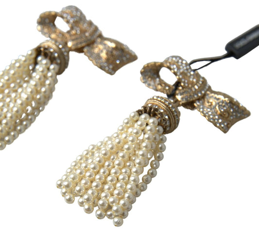 Gold Tone Crystal Bow Beaded Tassel Drop Clip Earrings