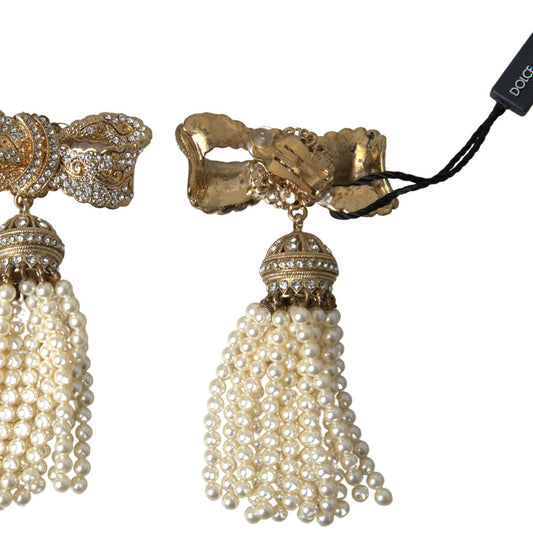 Gold Tone Crystal Bow Beaded Tassel Drop Clip Earrings