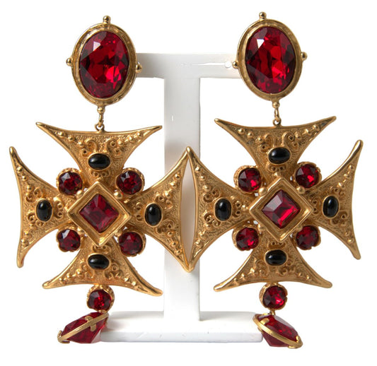 Gold Brass Maltese Cross Crystal Clip Dangling Earrings