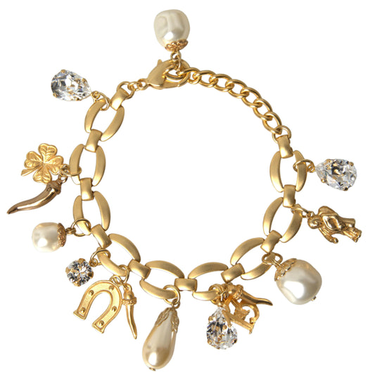 Gold Tone Faux Pearl Crystal Embellished Charm Bracelet