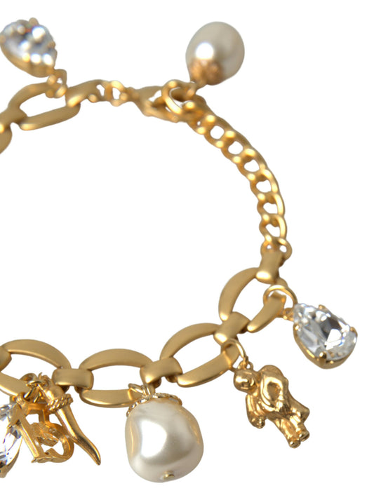 Gold Tone Faux Pearl Crystal Embellished Charm Bracelet