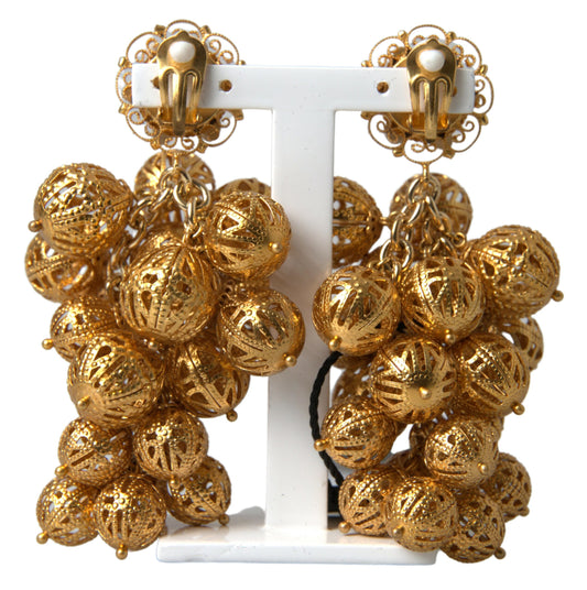 Gold Tone Brass White Flowers Filigree Grape Earrings