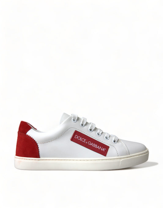 White Red Leather Low Top Sneakers Shoes