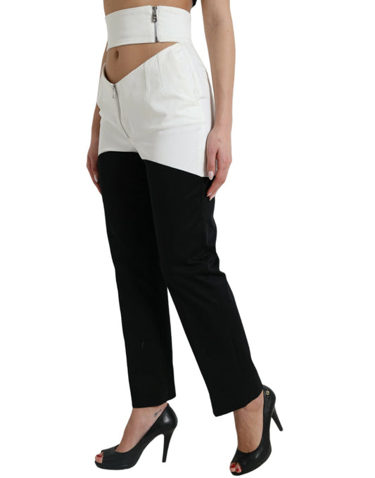 Black White Cotton Cut Out Waist Tapered Pants