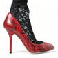 Red Almond Toe Snakeskin Pumps with Lace Socks