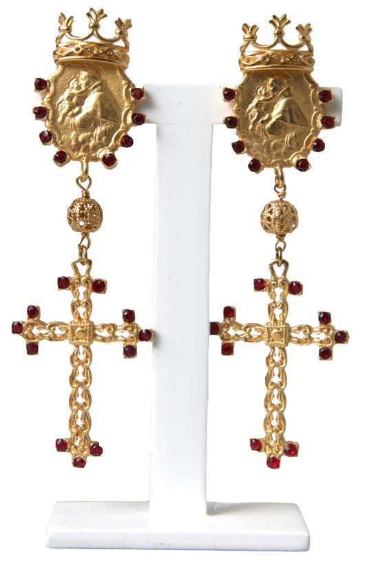 Gold Brass Crown Cross Crystal Clip On Dangling Earrings