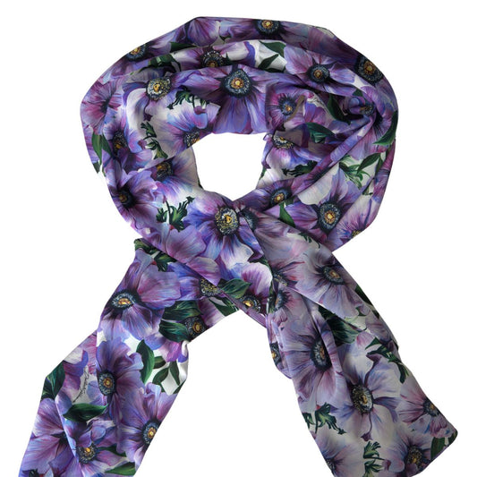 Purple Floral Silk Shawl Foulard Wrap Scarf
