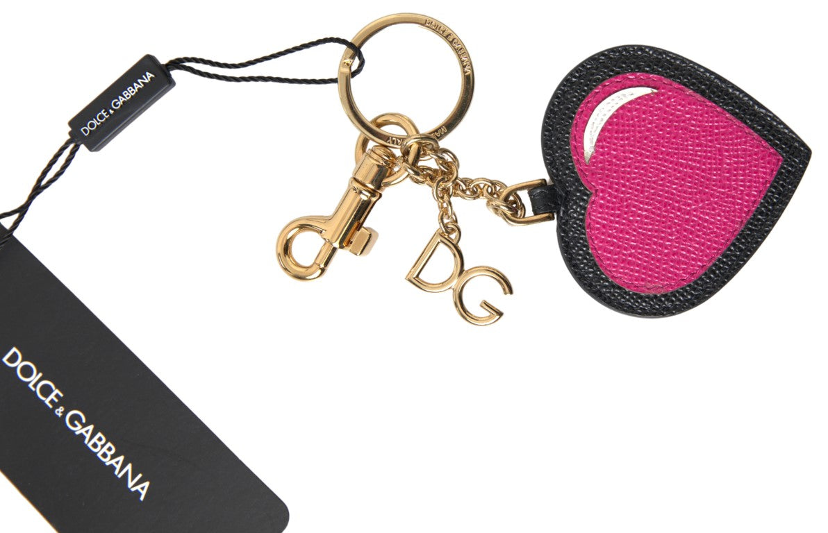 Elegant Black Leather Keychain with Fuchsia Accent