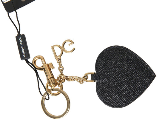 Black Fuchsia Heart Leather Gold Metal Keyring Keychain