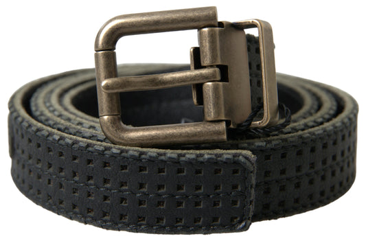 Black Leather Perforated Gold Buckle Belt