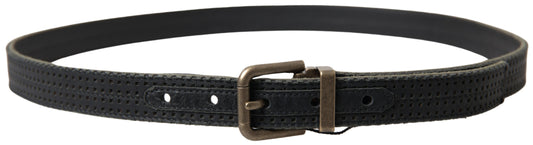 Black Leather Perforated Gold Buckle Belt