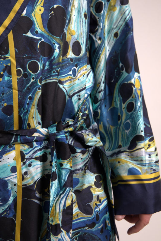 Marble Blue Silk Waist Belt Robe Sleepwear