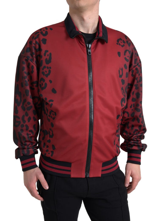 Red Leopard Polyester Bomber Full Zip  Jacket