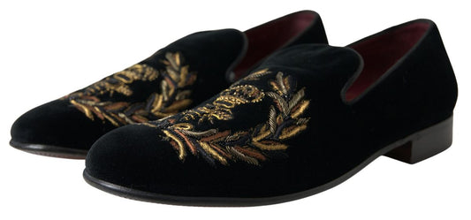 Black Velvet Loafers Bee Crown Embroidery Shoes Dress