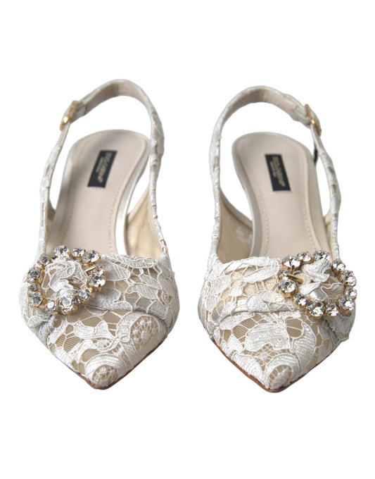 White Taormina Lace Crystal Slingback Shoes