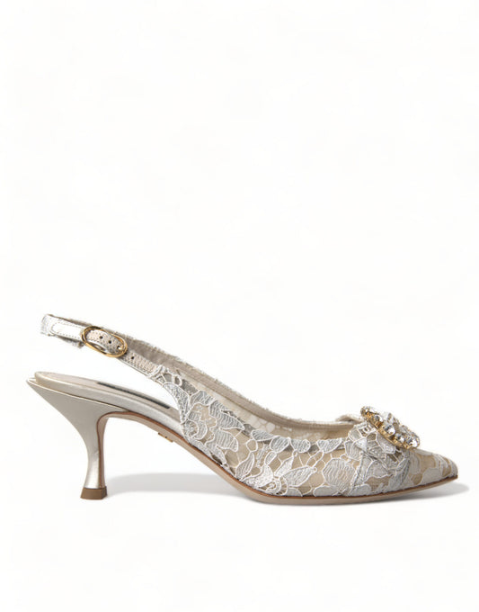 White Taormina Lace Crystal Slingback Shoes
