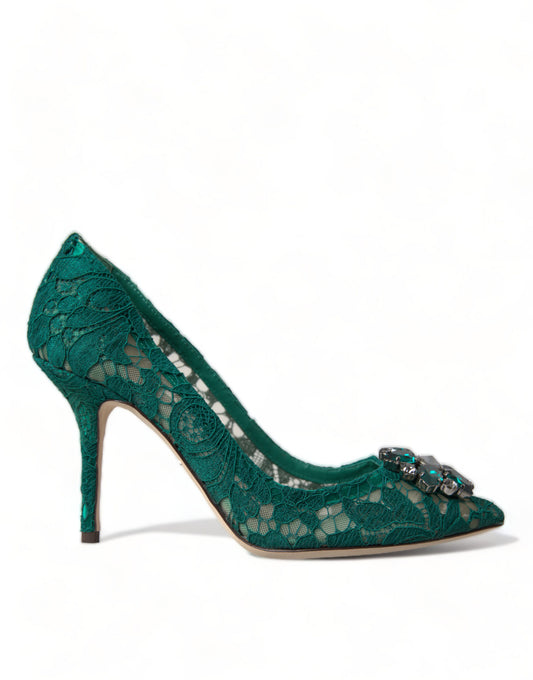 Green Taormina Lace Crystal Heels Pumps Shoes