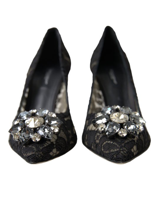 Black Taormina Lace Crystal Heels Pumps Shoes