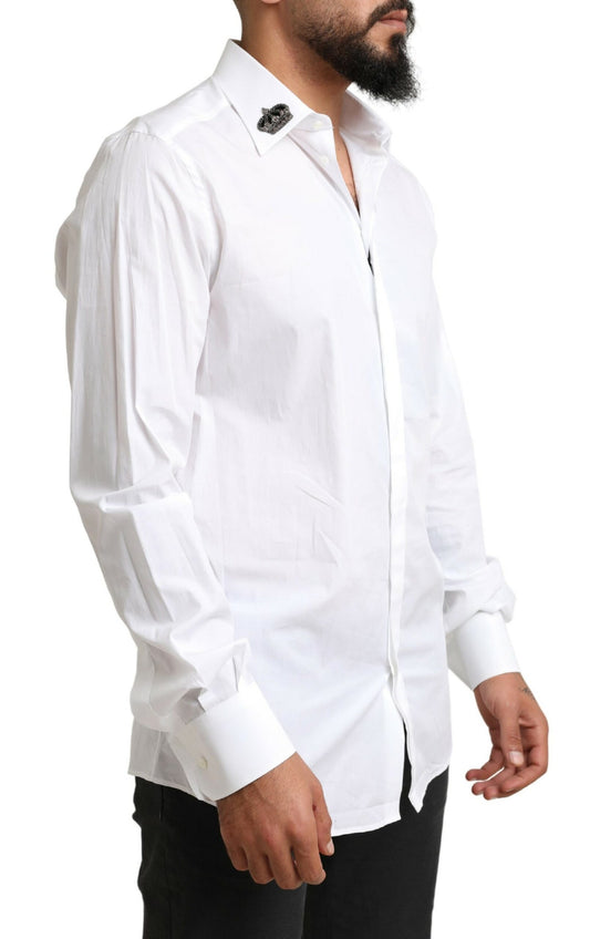 Elegant White Slim Fit Tuxedo Shirt with Crown Embroidery