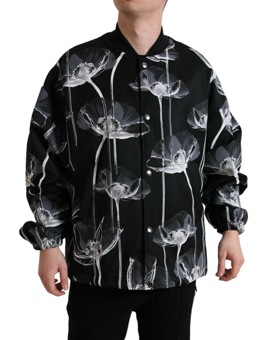 Black Floral Print Wool Button Down Bomber Jacket