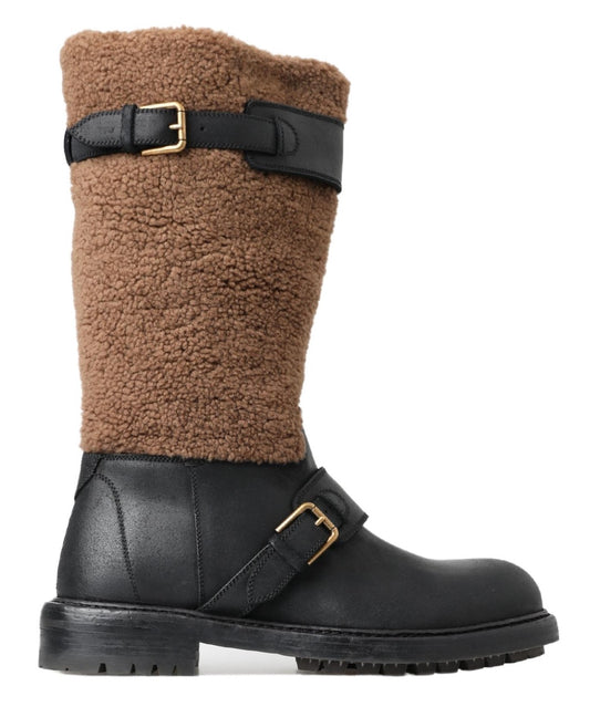 Black Leather Brown Shearling Boots