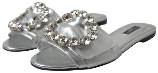 Silver Crystal Embellished Slides Flat Shoes