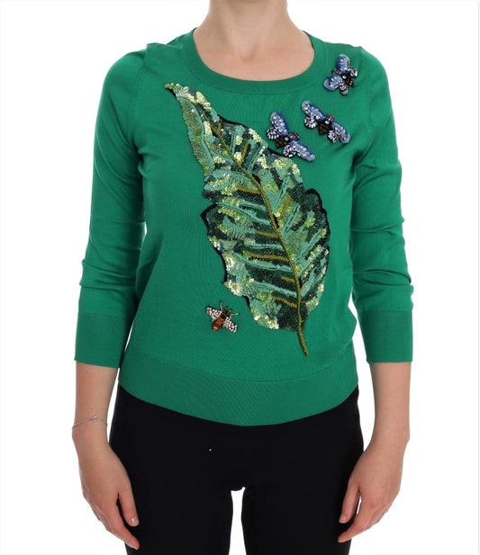 Embellished Green Silk Pullover Sweater