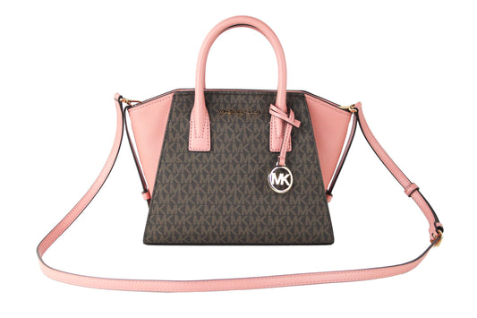 Avril Small Signature Leather Top Zip Satchel Crossbody Handbag (Sunset Rose/Brown Signature)