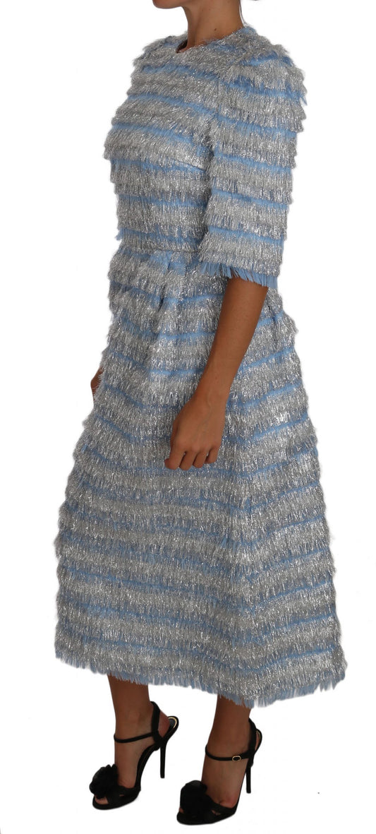 Elegant Light Blue Silver Fringe Midi Dress