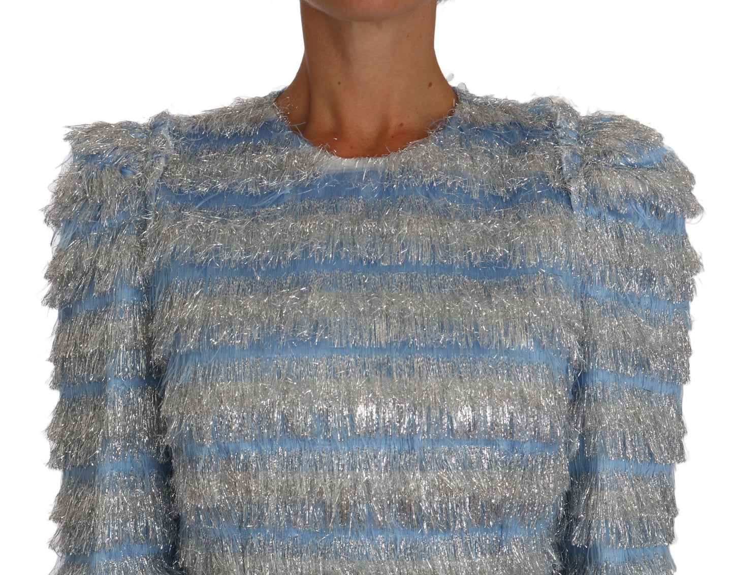 Elegant Light Blue Silver Fringe Midi Dress