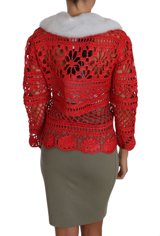 Elegant Red Crochet Knit Cardigan with Fur Collar