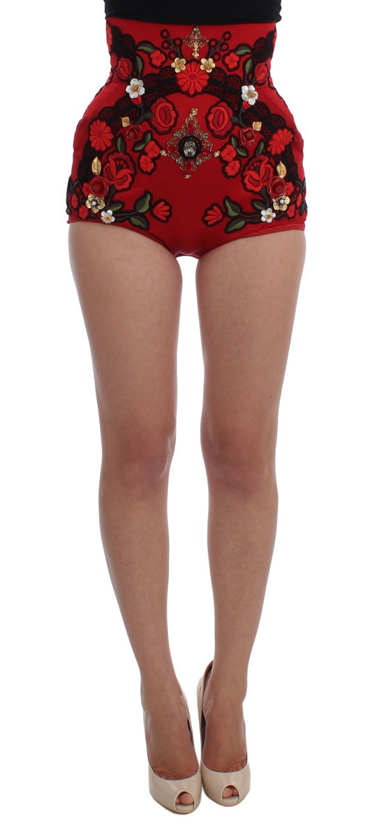 Red Silk Embroidered Crystal Waist Shorts