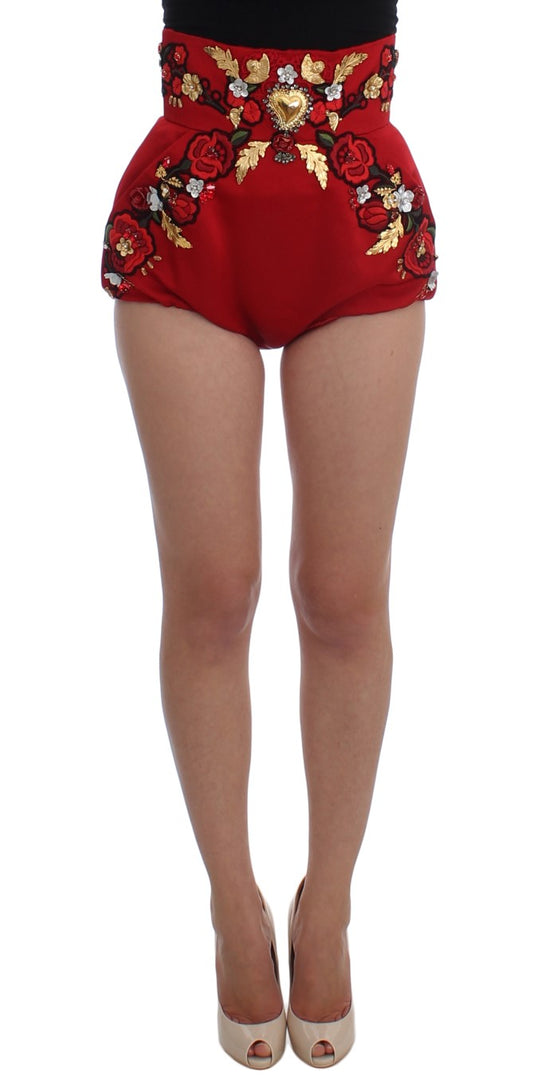 Red Silk Crystal-Embellished High Waist Shorts