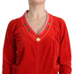 Radiant Red Zip Cardigan with Gold Detailing