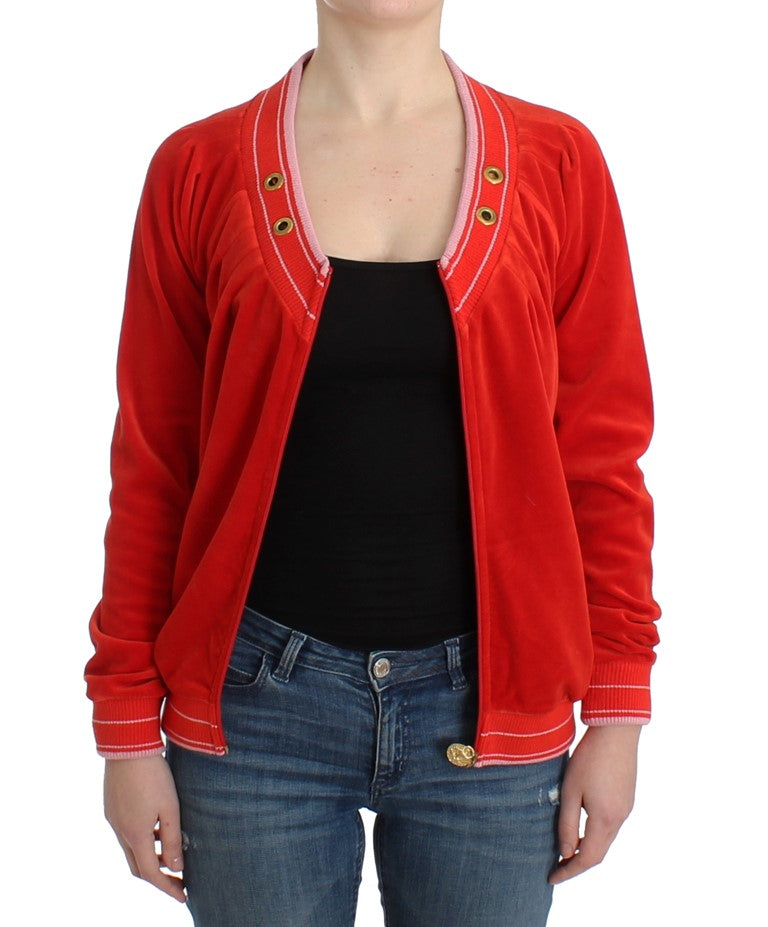 Radiant Red Zip Cardigan with Gold Detailing